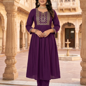 a line kurti – neck and sleeve embroidered
