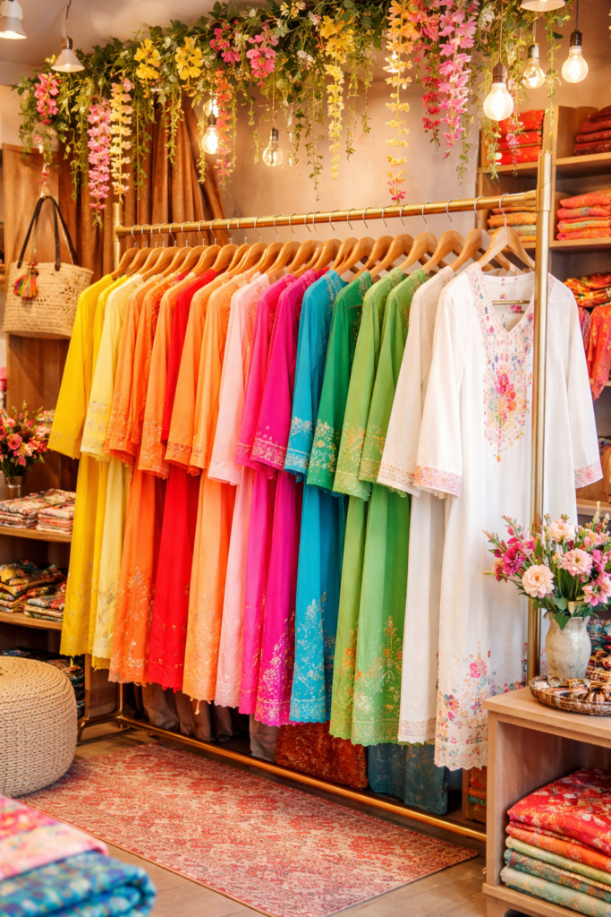 colorful kurtas in a warm boutique